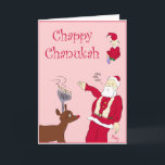 Chappy Chanukah Holiday Card<br><div class="desc">This card features a rabbi-like Santa,  an elf playing dreidel and the Rednose Reindeer with a menorah instead of antlers.  Yeah,  pretty much the typical inter-faith family.</div>