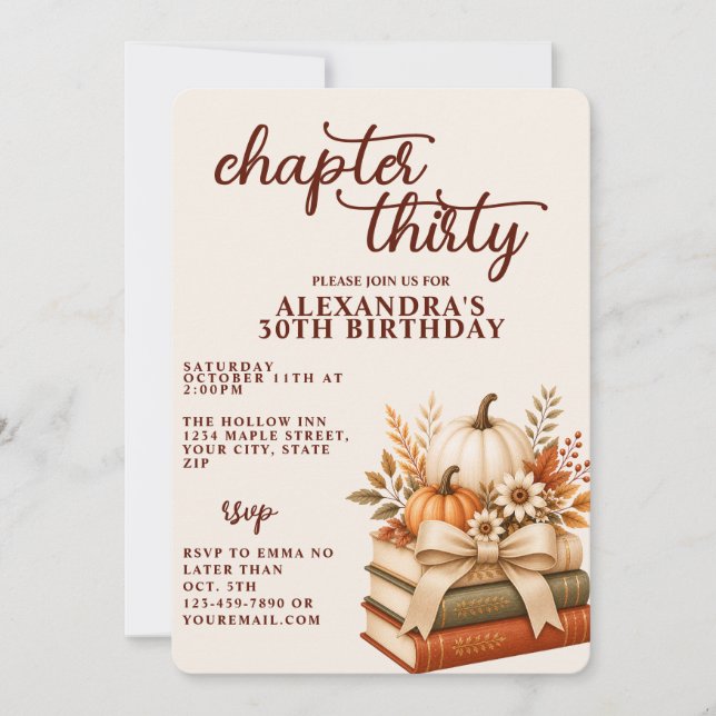Chapter 30 Fall Pumpkin Bookish 30th Birthday Invitation (Front)