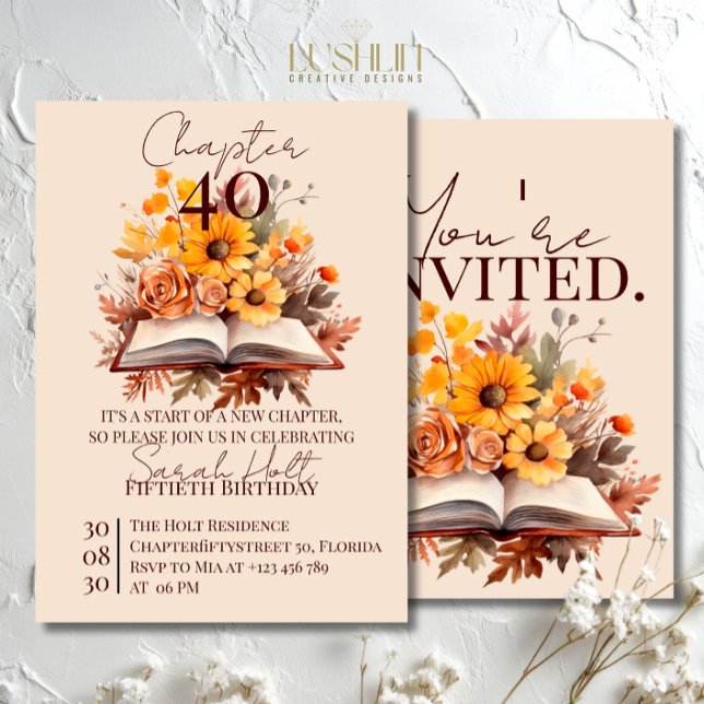 Chapter 40 Birthday – Open Book with Fall Flowers Invitation (Creator Uploaded)