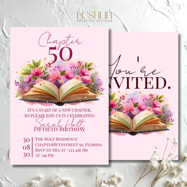 Chapter 50 Birthday – Open Book with Pink Flowers Invitation (Creator Uploaded)