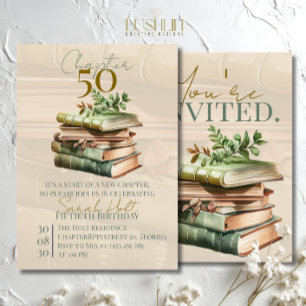 Chapter 50 Birthday   Stacked Books & Leaves  Invitation