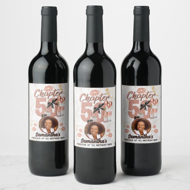 Chapter 50 Rose Gold 50th Birthday Elegant Photo Wine Label (Bottles)