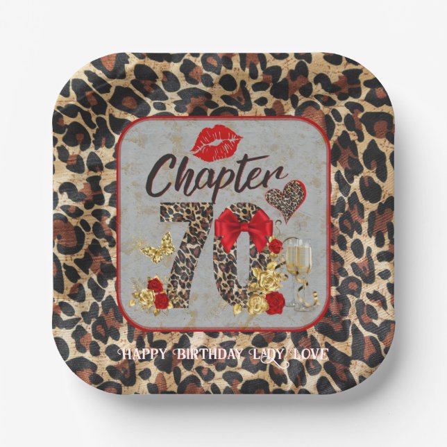 Chapter 70 Red & Gold Leopard 70th Birthday Paper Plate (Front)