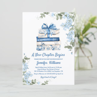 chapter begins, blue bow books floral baby shower  invitation