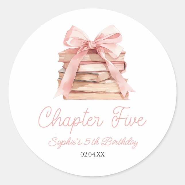 Chapter Five Pink Bow Books 5th Birthday Party Classic Round Sticker (Front)