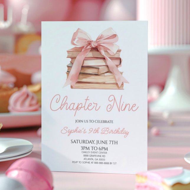 Chapter Nine Pink Bow Books 9th Birthday Party Invitation (Creator Uploaded)