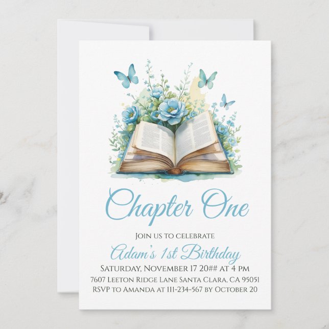 Chapter One Blue Book Boy 1st Birthday Invitation (Front)