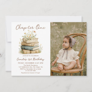 Chapter One Floral Books 1st Birthday Photo Invitation