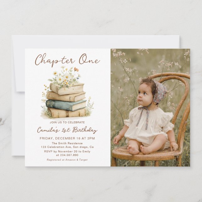 Chapter One Floral Books 1st Birthday Photo Invitation (Front)