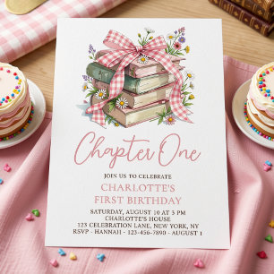 Chapter One Pink Bow Books 1st Birthday Invitation