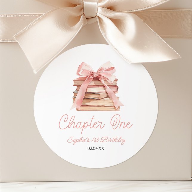 Chapter One Pink Bow Books 1st Birthday Party Classic Round Sticker (Creator Uploaded)