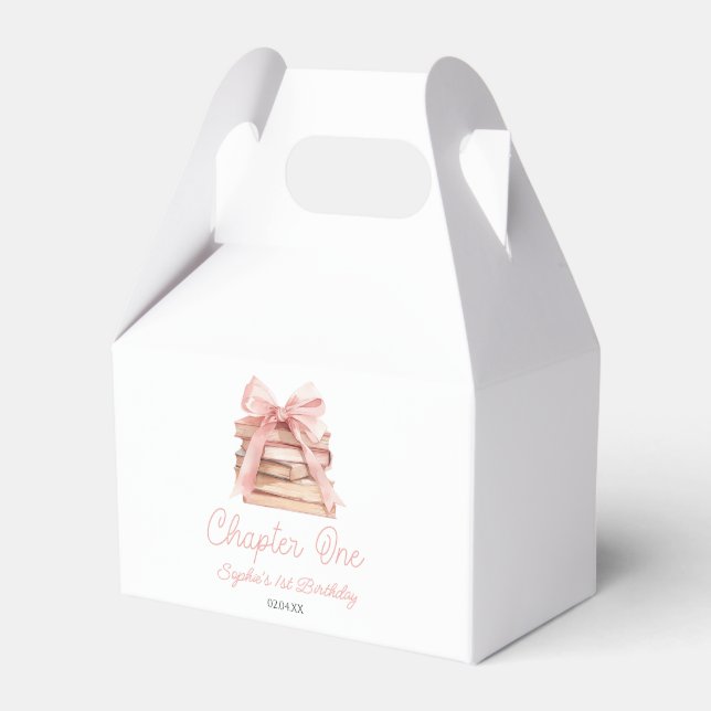 Chapter One Pink Bow Books 1st Birthday Party Favour Box (Front Side)