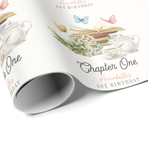 Chapter One Tea Butterfly Storybook 1st Birthday Wrapping Paper