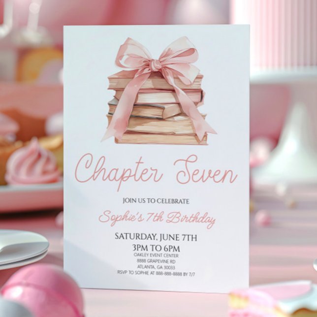 Chapter Seven Pink Bow Books 7th Birthday Party Invitation (Creator Uploaded)