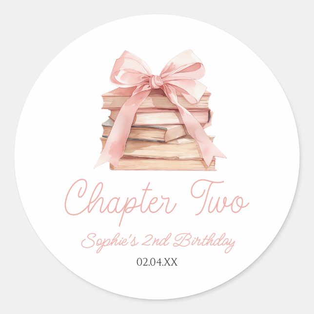 Chapter Two Pink Bow Books 2nd Birthday Party Classic Round Sticker (Front)