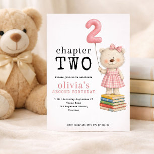Chapter Two Teddy Bear Book Girl 2nd Birthday Pink Invitation