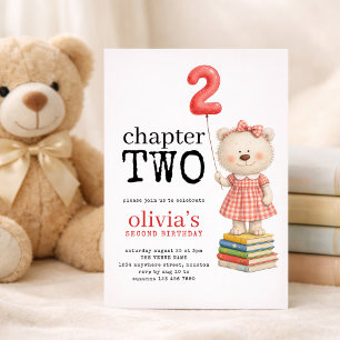 Chapter Two Teddy Bear Books Girl 2nd Birthday Red Invitation