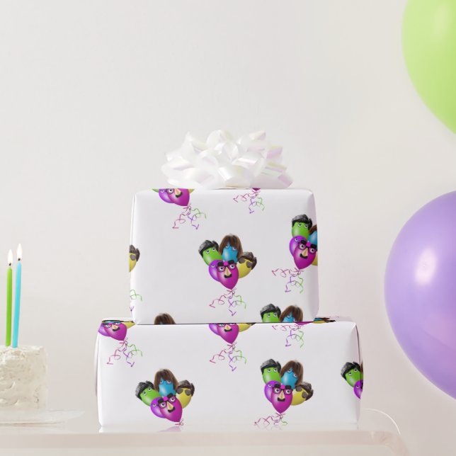 Character Birthday Balloons On White Wrapping Paper (Party Gifts)