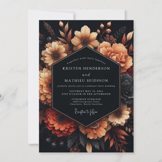 Charcoal Amber Bloom Wedding Invitation (Front)
