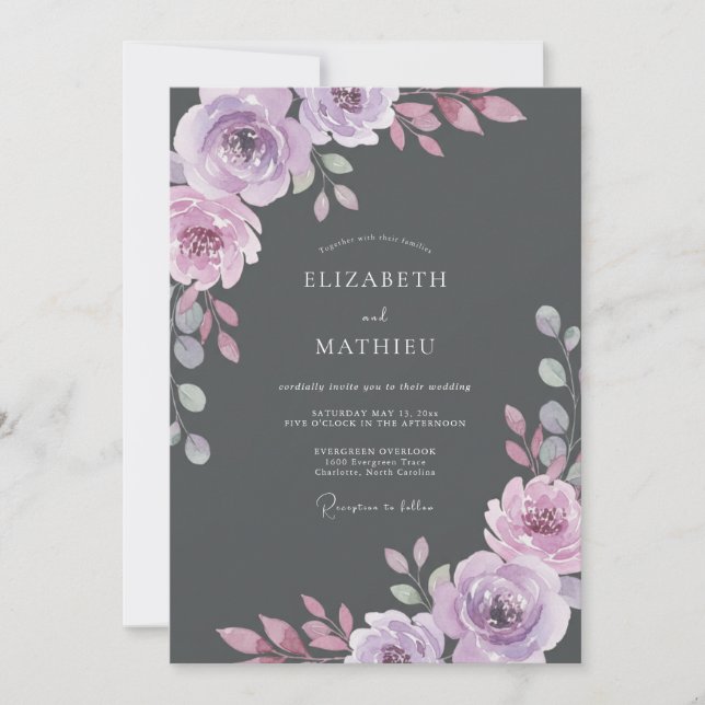 Charcoal Amethyst Watercolor Wedding Invitation (Front)