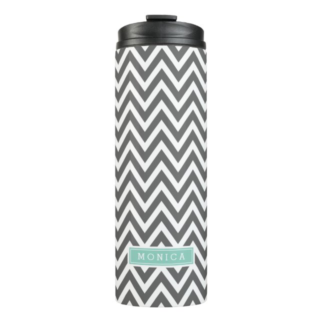 Charcoal and Aqua Chevron Monogram Thermal Tumbler (Front)