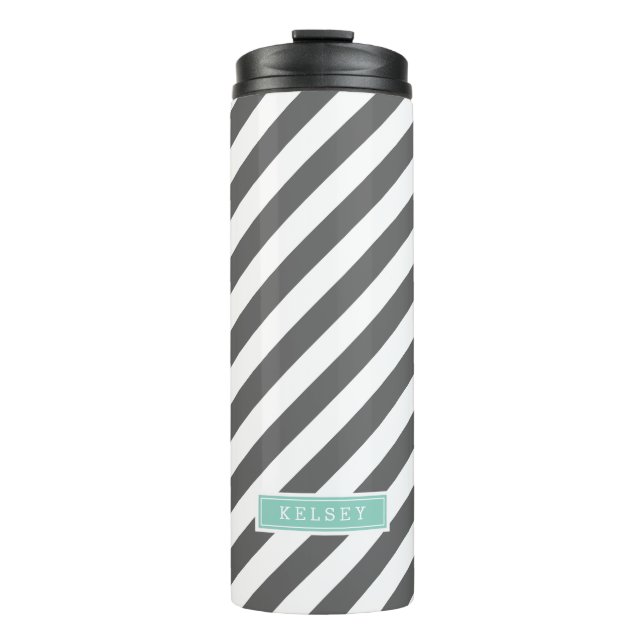 Charcoal and Aqua Preppy Stripes Monogram Thermal Tumbler (Front)