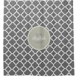 Charcoal and Beige Quatrefoil Pattern Monogram Shower Curtain