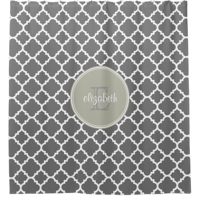Charcoal and Beige Quatrefoil Pattern Monogram Shower Curtain (Front)