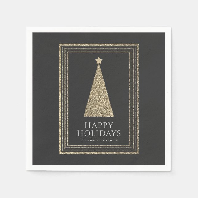 Charcoal and Copper Gold Glitter Christmas Tree Napkin (Front)