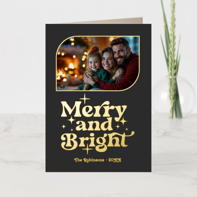 Charcoal and Gold Merry and Bright Photo Christmas Foil Holiday Card (Front)