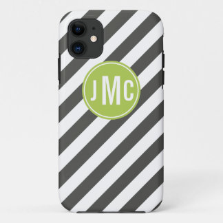 Charcoal and Lime Stripes with Custom Monogram iPhone 11 Case