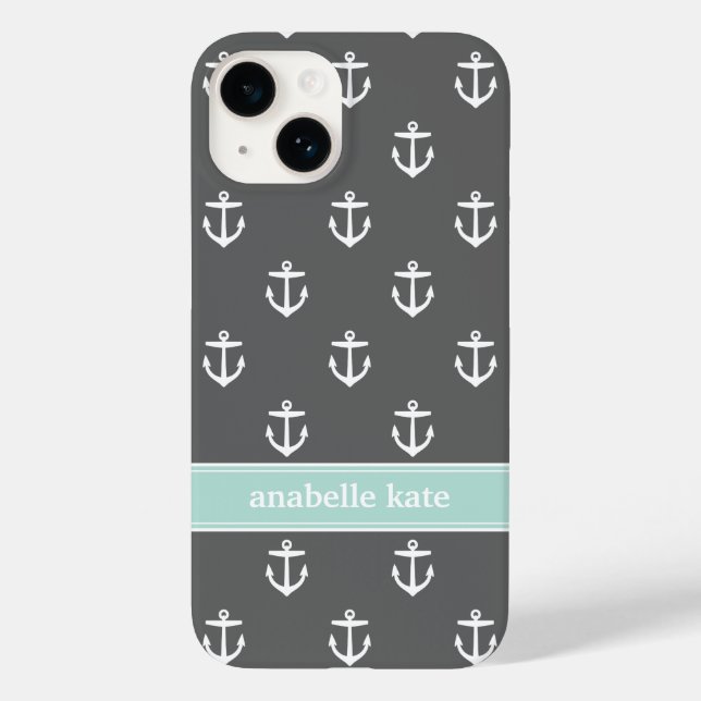 Charcoal and Mint Cute Anchors Custom Monogram Case-Mate iPhone Case (Back)