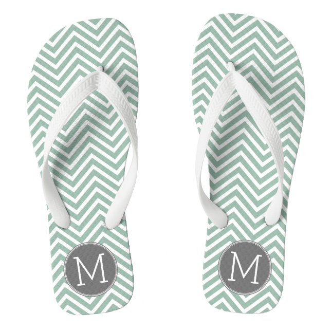 Charcoal and Mint Green Chevrons Custom Monogram Flip Flops (Footbed)