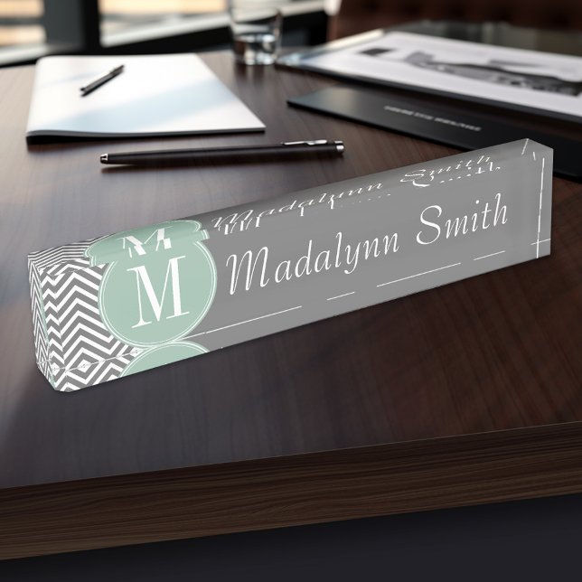 Charcoal and Mint Green Chevrons Custom Monogram Nameplate (Personalized Name Plate for the Office, School or Home)
