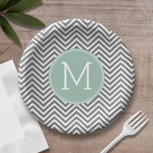 Charcoal and Mint Green Chevrons Monogram Paper Plate