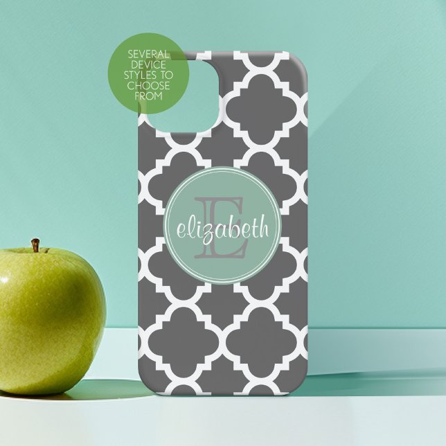 Charcoal and Mint Quatrefoil Pattern Monogram (Personalized Phone Case with Custom Monogram)