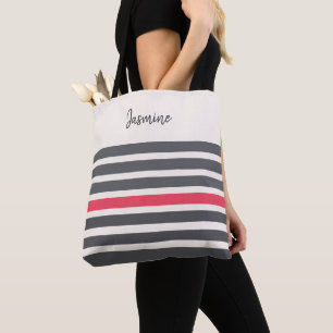 Charcoal and red rose modern stripes custom name tote bag