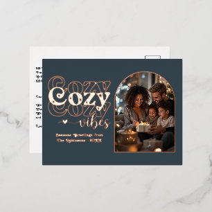 Charcoal and Rose Gold Cosy Vibes Retro Christmas Foil Holiday Postcard