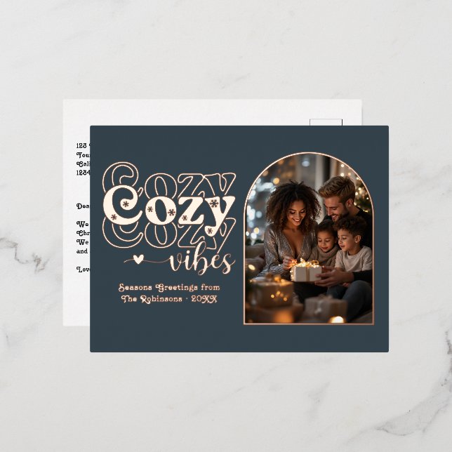 Charcoal and Rose Gold Cosy Vibes Retro Christmas Foil Holiday Postcard (Front/Back)