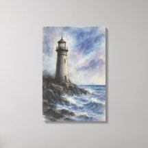 Charcoal and Watercolor Lighthouse on Rocky Coast