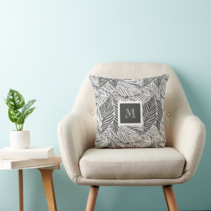 Charcoal and White Leaf Pattern Cushion