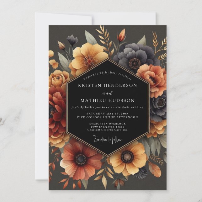 Charcoal Autumnal Anemone Wedding Invitation (Front)