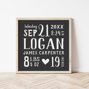 Charcoal Baby Name Birth Stats Editable Colors Poster