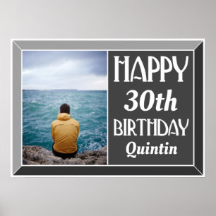 Charcoal Beveled Art Deco Birthday Photo Poster