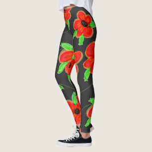 Charcoal Black And Red Floral Print Leggings