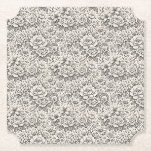 Charcoal Black and White Etched Flowers Classic Paper Coaster