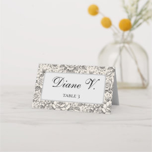 Charcoal Black and White Etched Flowers Classic Place Card