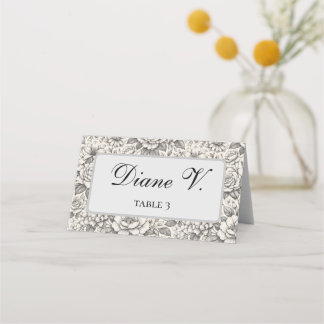 Charcoal Black and White Etched Flowers Classic Place Card