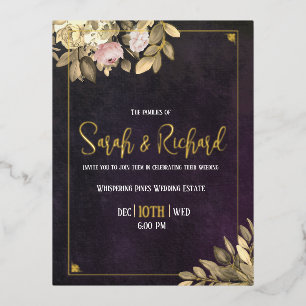 Charcoal Black Botanical Luxe Art Deco Wedding Foil Invitation Postcard