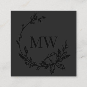 Charcoal & Black Hand Drawn Wreath Monogram Square Business Card